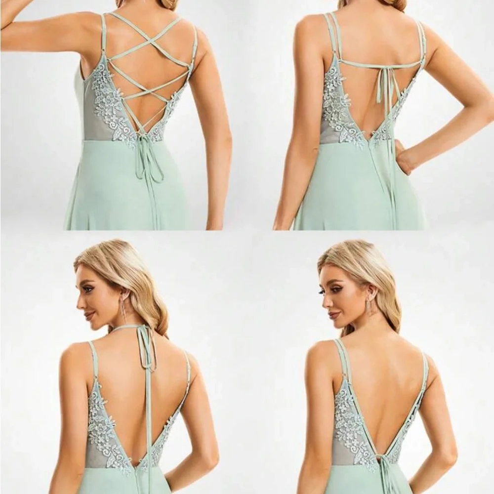 NEW Convertible Chiffon Lace Open Back Spaghetti Straps Bridesmaid Dress - Picture 3 of 8